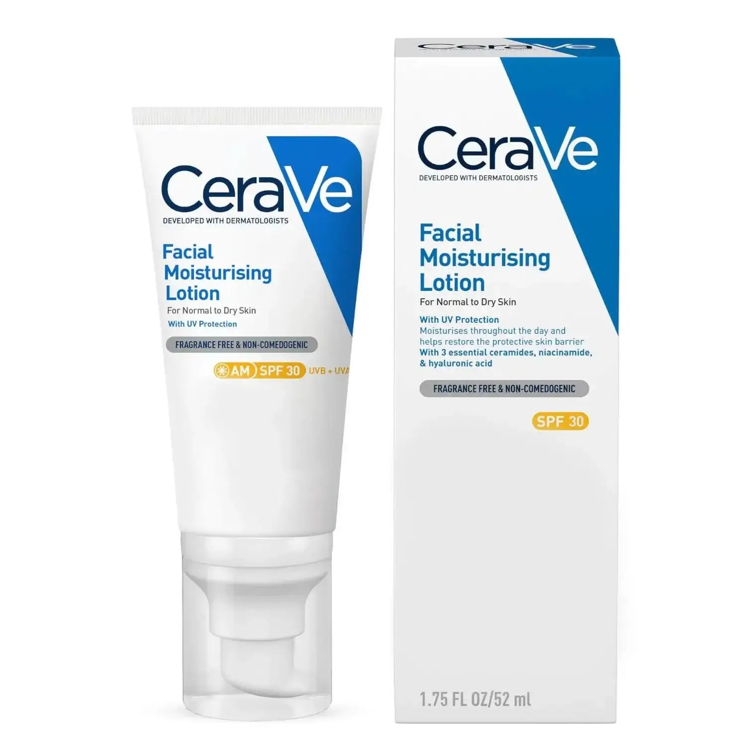 CeraVe AM Facial Moisturising Lotion SPF30 for normal to dry skin in 52ml bottle, hydrating and non-comedogenic.