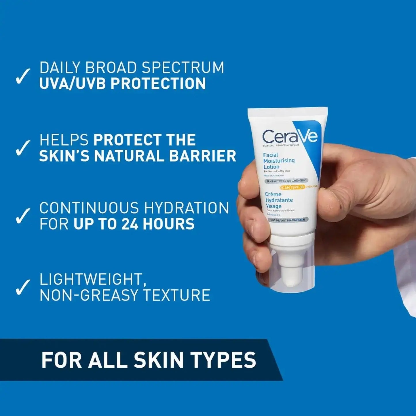 CeraVe AM Facial Moisturising Lotion SPF30 in hand, highlighting UVA/UVB protection, hydration, and lightweight formula.