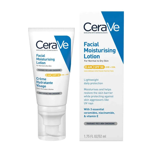 CeraVe AM Facial Moisturising Lotion SPF50 for Normal to Dry Skin 52ml packaging with UV protection benefits.