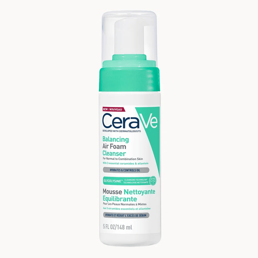 CeraVe Balancing Air Foam Cleanser in a 5 fl oz pump bottle, featuring a white bottle with a teal green cap and a white and teal label, set against a light gray background.