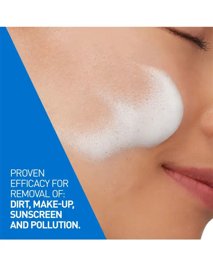Close-up of a person's face with a skincare product applied, against a blue and white background.