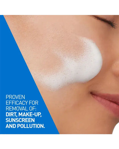 Close-up of a person's face with a skincare product applied, against a blue and white background.