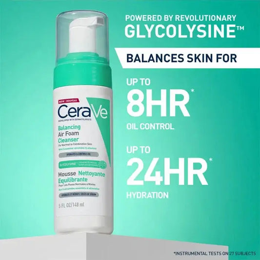 CeraVe balancing air foam cleanser with text on a green background