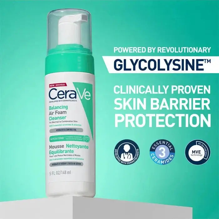 CeraVe balancing air foam cleanser with glycolysine on a green background