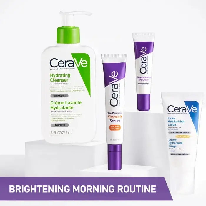 CeraVe skincare products including cleanser, serum, and lotion on a white background.