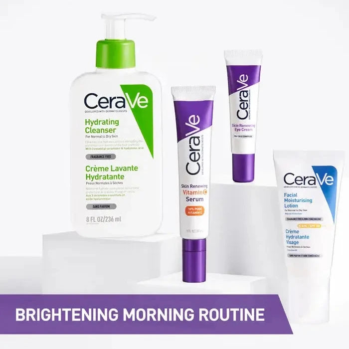 CeraVe brightening morning routine featuring Hydrating Cleanser, Skin Renewing Vitamin C Serum, Eye Cream and Facial Moisturising Lotion