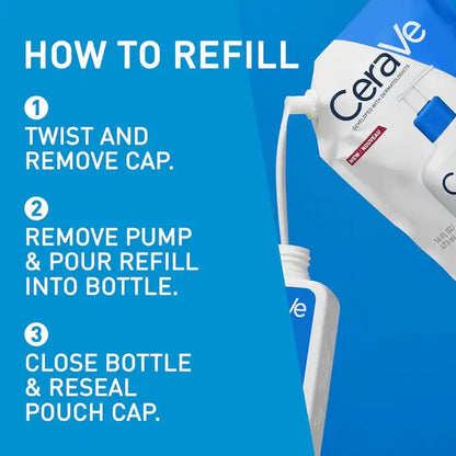CeraVe refillable pump system with instructions on a blue background