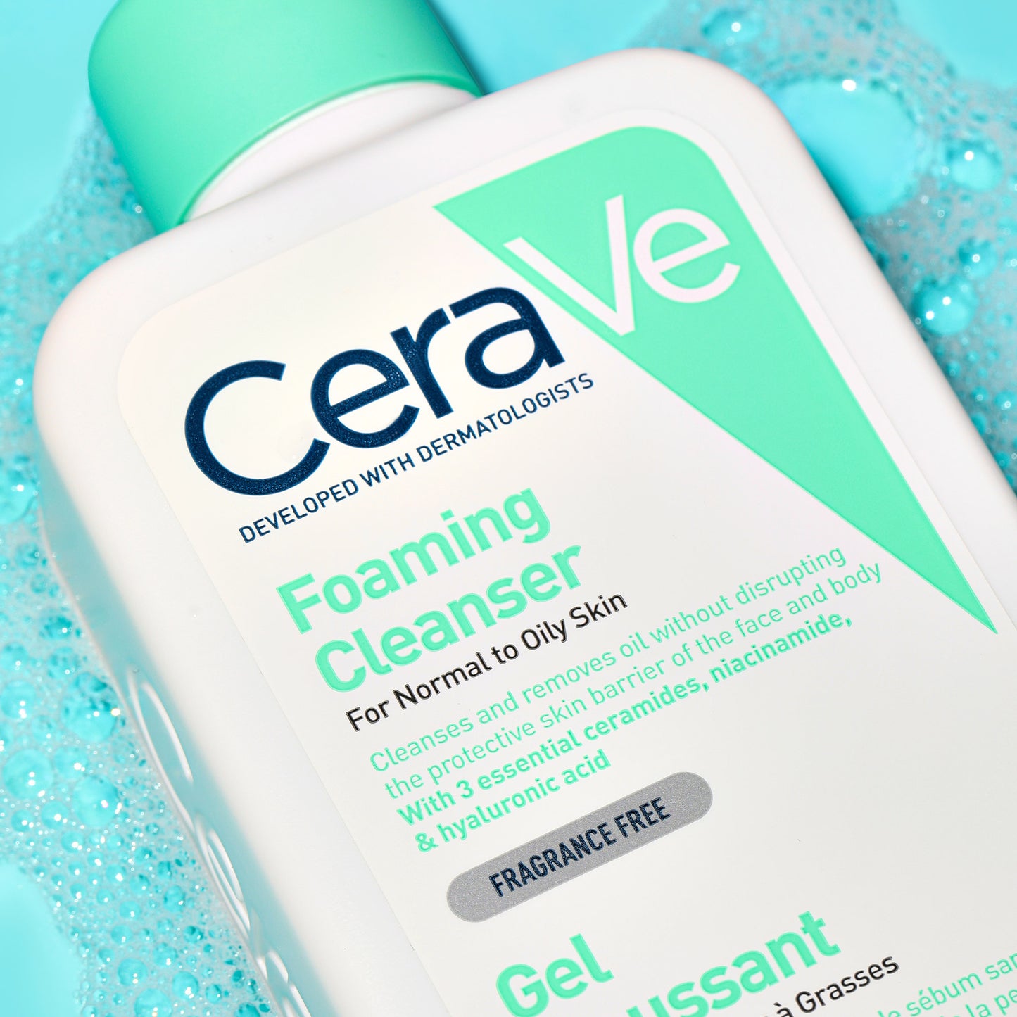 CeraVe Foaming Cleanser bottle with blue background