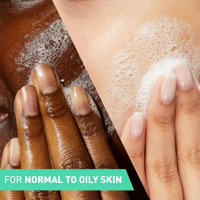 Close-up of hands with soapy skin and text indicating for normal to oily skin.