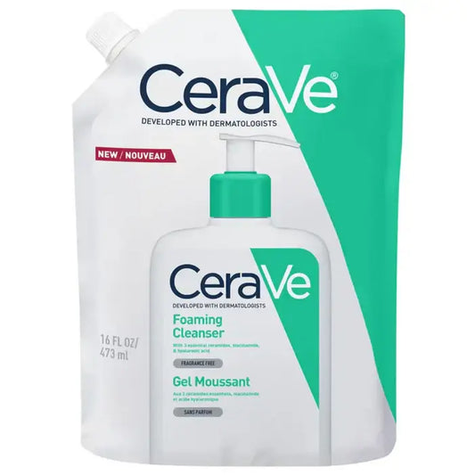CeraVe Foaming Cleanser packaging with a green and white design.