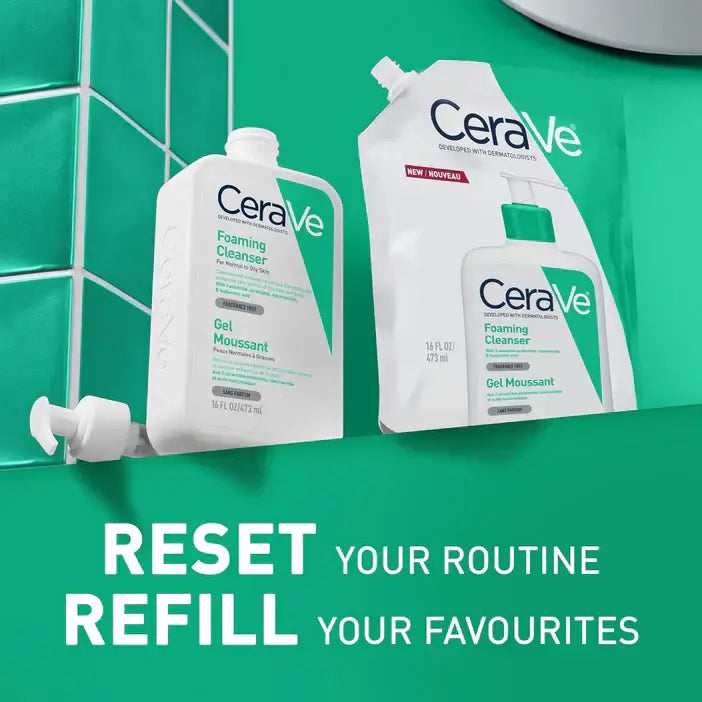 CeraVe Foaming Cleanser refill products shown against a bright green tiled background with promotional text reading 'RESET YOUR ROUTINE REFILL YOUR FAVOURITES.' The image includes a white pump bottle, a refill pouch, and a small refill bottle, all branded CeraVe.