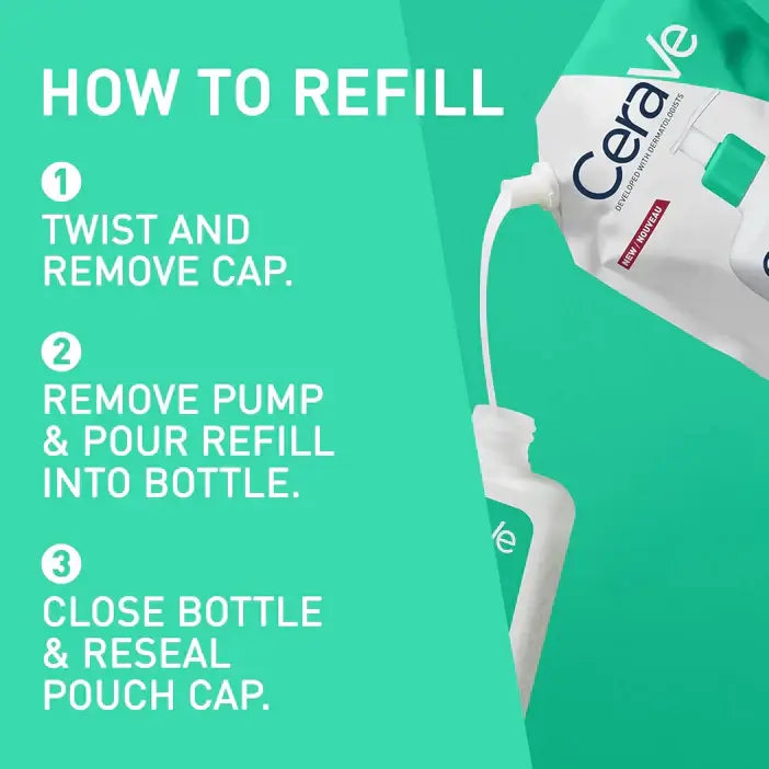 Teal and white CeraVe refill instructions graphic with text reading 'HOW TO REFILL' and three numbered steps, alongside a partial view of the CeraVe tube pouring cream into a bottle.