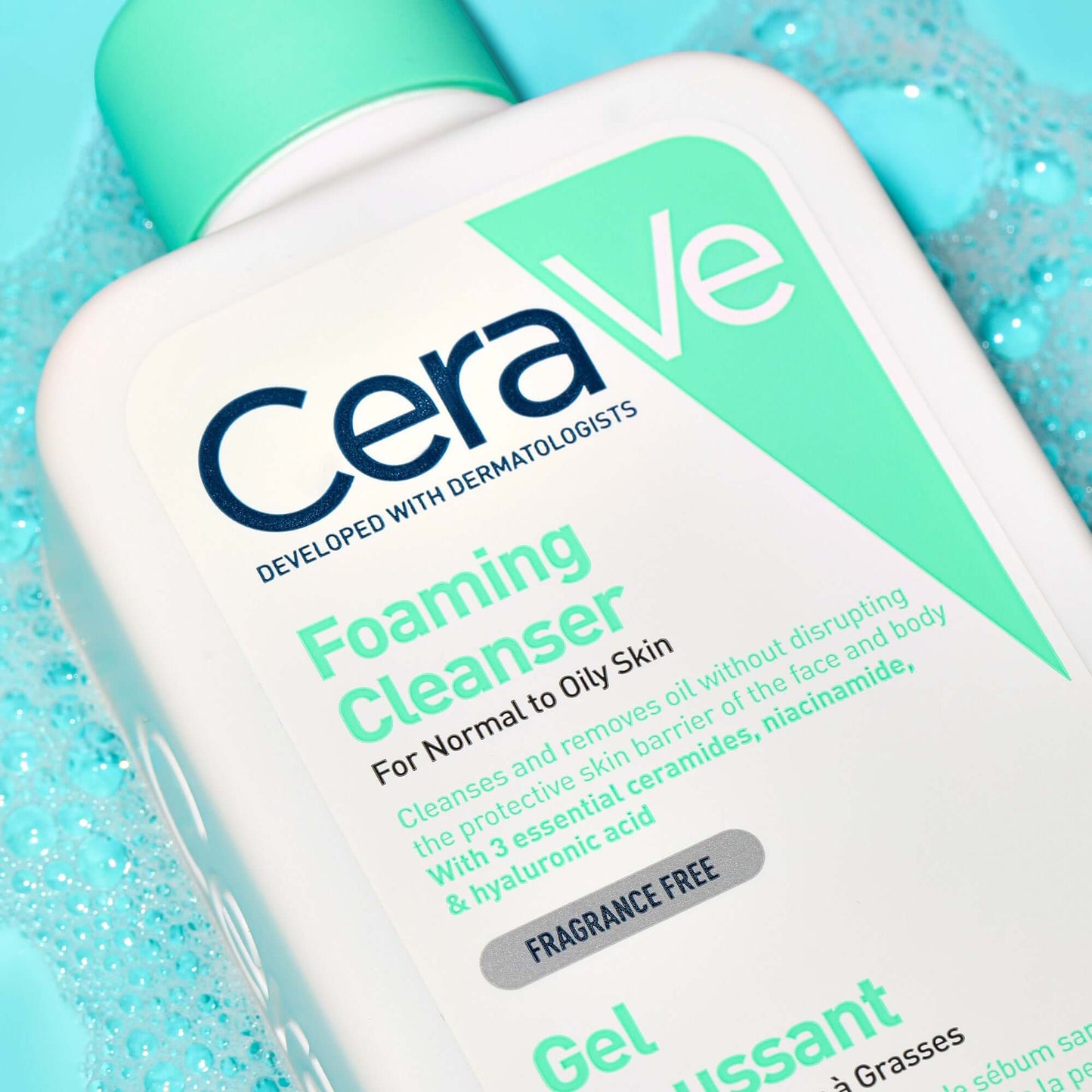 CeraVe Foaming Cleanser bottle with blue background