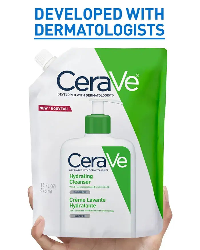 A hand holding a CeraVe Hydrating Cleanser refill pouch in front of a white bottle. The pouch is white and green with blue and white text, and the top of the image features the text 'DEVELOPED WITH DERMATOLOGISTS' in blue.