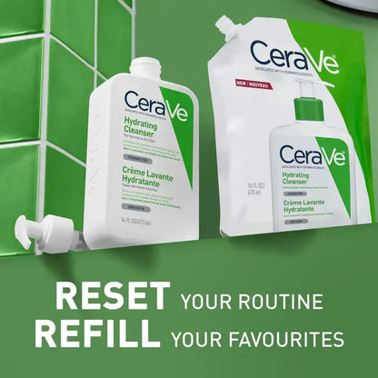 CeraVe hydrating cleanser packaging on a green background with promotional text.