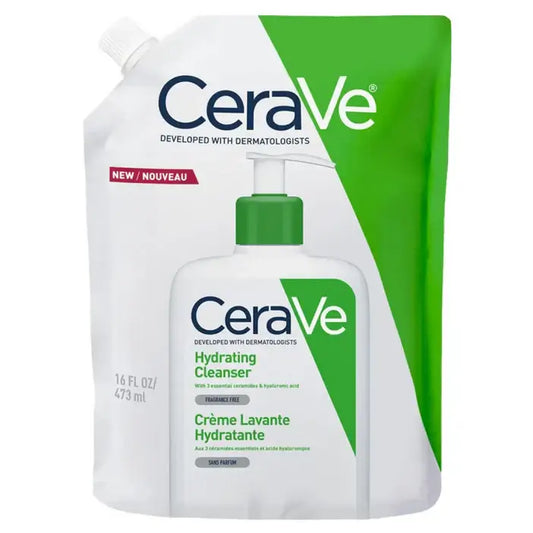 CeraVe Hydrating Cleanser refill pouch with a pump dispenser bottle shown in front on a white background.