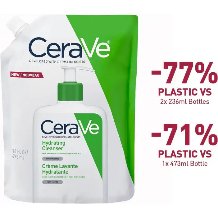 CeraVe Hydrating Cleanser liquid cleanser refill pouch next to a 473ml bottle, with promotional text comparing plastic vs bottle pricing.