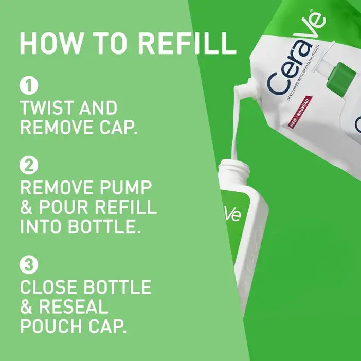 Instruction graphic for CeraVe refill pouches showing three steps: twist and remove cap, remove pump and pour refill into bottle, and close bottle and reseal pouch cap. The left side has white text on a light green background, and the right side shows the CeraVe product tube pouring cream into a bottle against a green background.