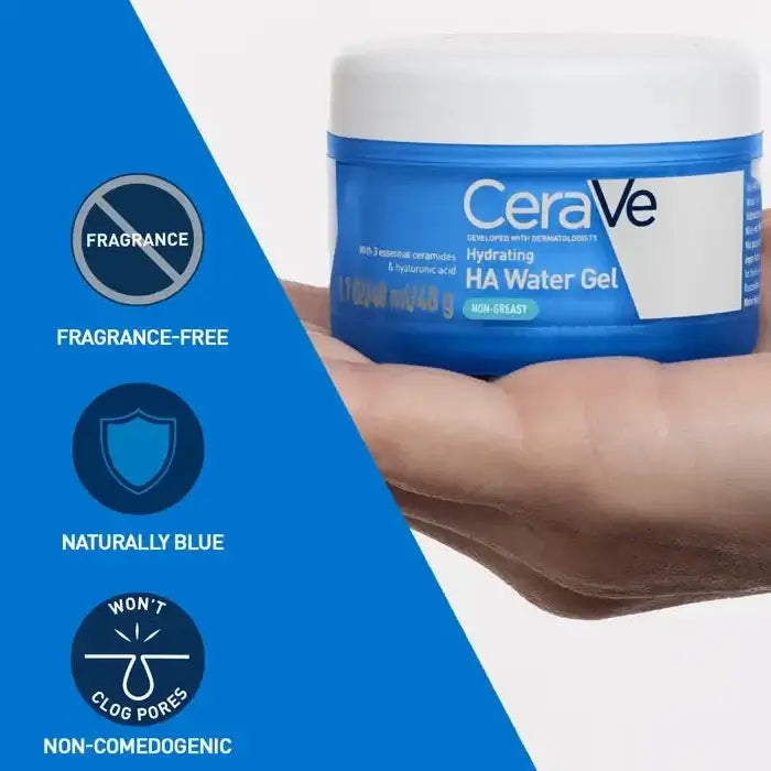 CeraVe HA Water Gel jar held by a hand with product features highlighted on a blue and white background.
