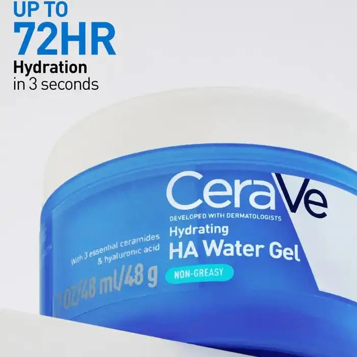 CeraVe Hydrating HA Water Gel container with text about hydration duration on a white background