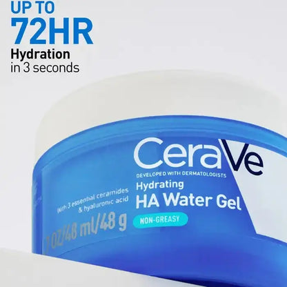 CeraVe Hydrating HA Water Gel container with text about hydration duration on a white background