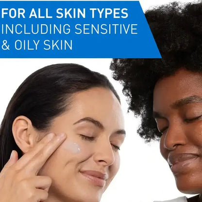 Two women applying cream to their faces with text indicating product suitability for all skin types.