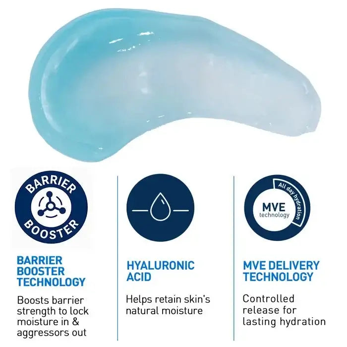 Product with blue gel-like texture and text describing barrier booster, hyaluronic acid, and MVE delivery technology on a white background.