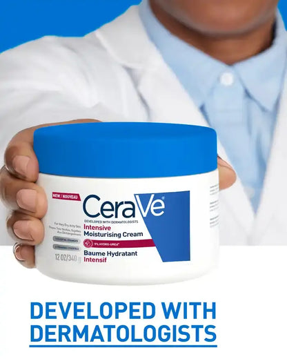 CeraVe moisturizing cream jar held by a person in a lab coat with 'Developed with Dermatologists' text.