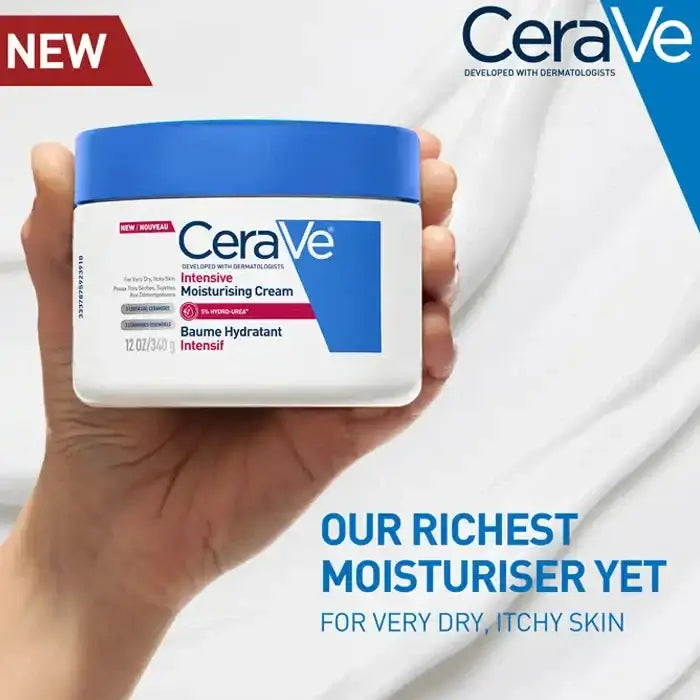 CeraVe moisturizing cream jar held in a hand with promotional text on a white background