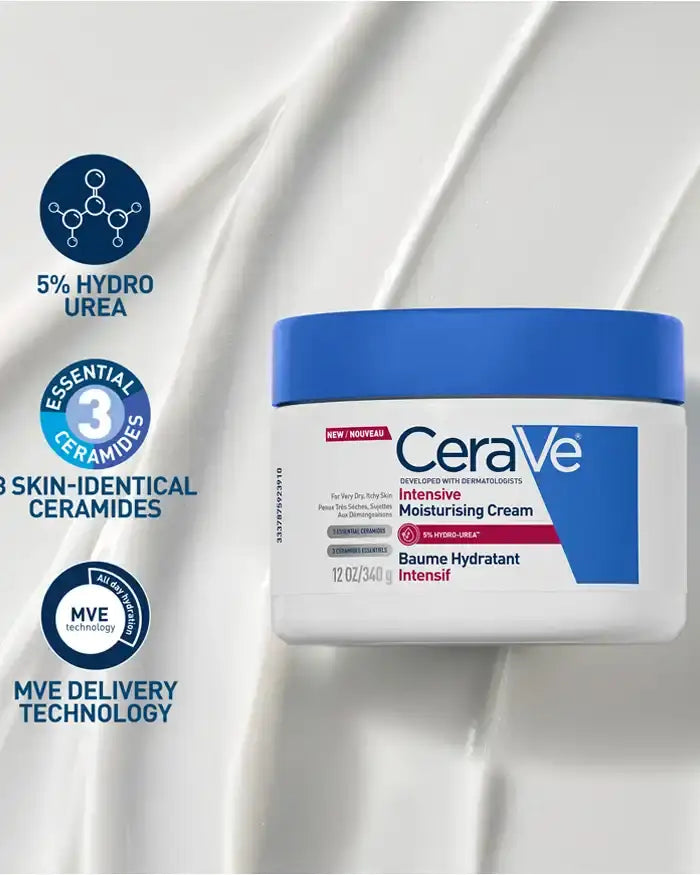 CeraVe Intensive Moisturising Cream jar with product features on a white background