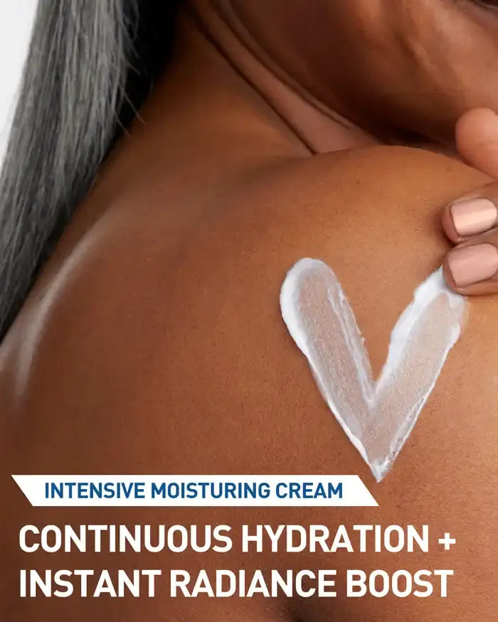 CeraVe Intensive moisturizing cream being applied to a shoulder with a heart shape, promoting continuous hydration and instant radiance boost.