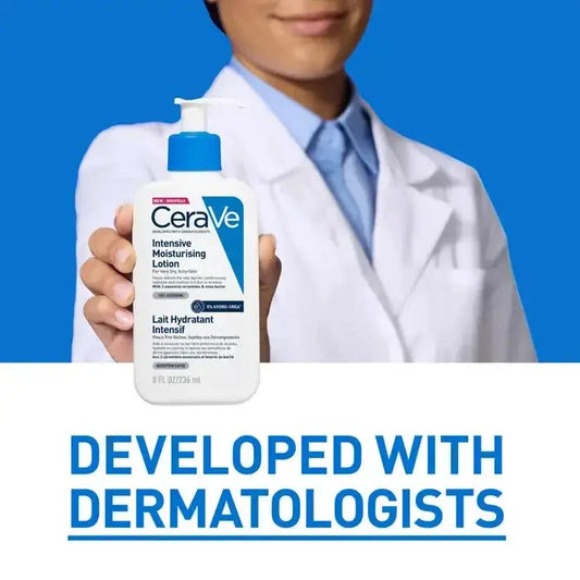 CeraVe lotion bottle held by a person in a white coat with a blue background