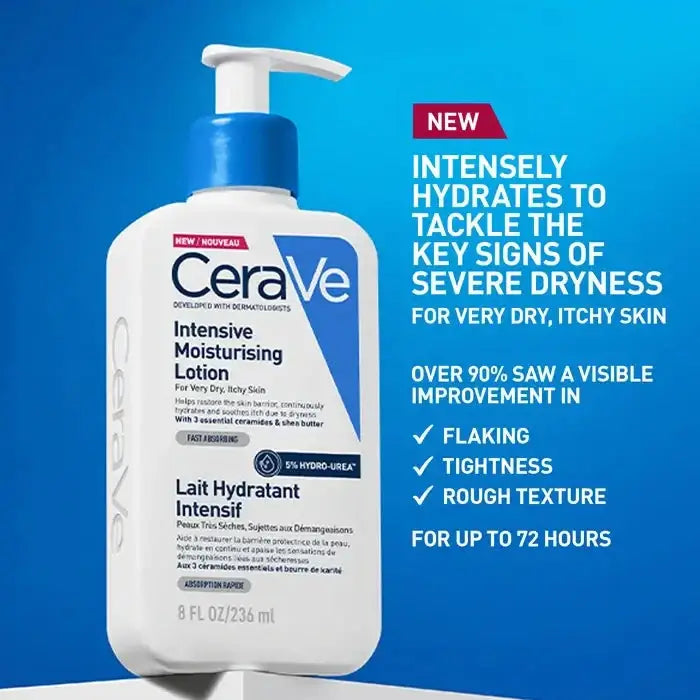 CeraVe intensive moisturizing lotion with pump on a blue background
