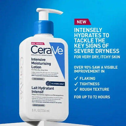 CeraVe intensive moisturizing lotion with pump on a blue background