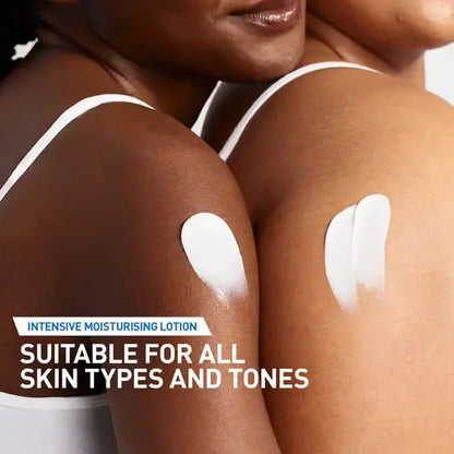Two people with CeraVe white lotion patches on their skin, with text about intensive moisturizing lotion suitability for all skin types.