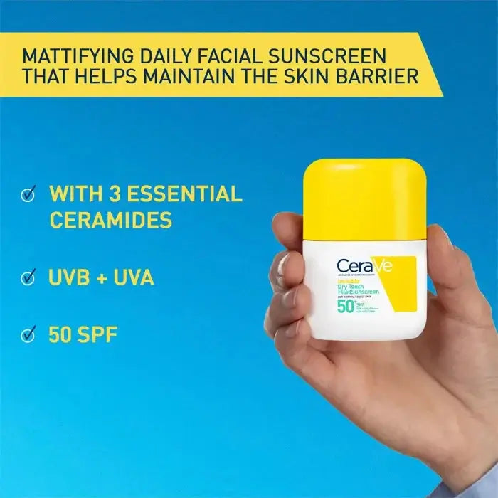 CeraVe sunscreen bottle held by a hand with product features listed on a blue background