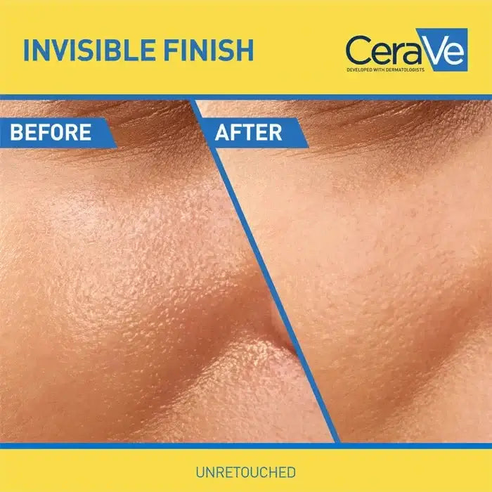Before and after comparison of skin texture with CeraVe logo, labeled 'Invisible Finish'.