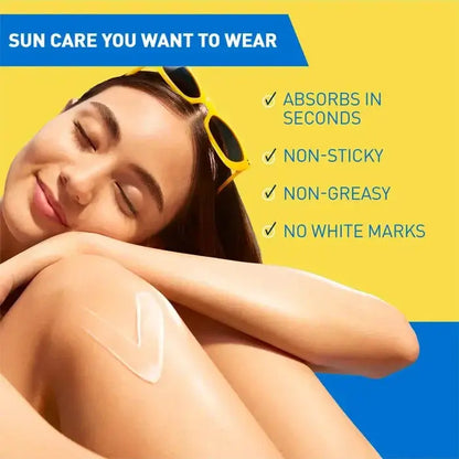 Woman with CeraVe sun care product on her arm against a yellow and blue background