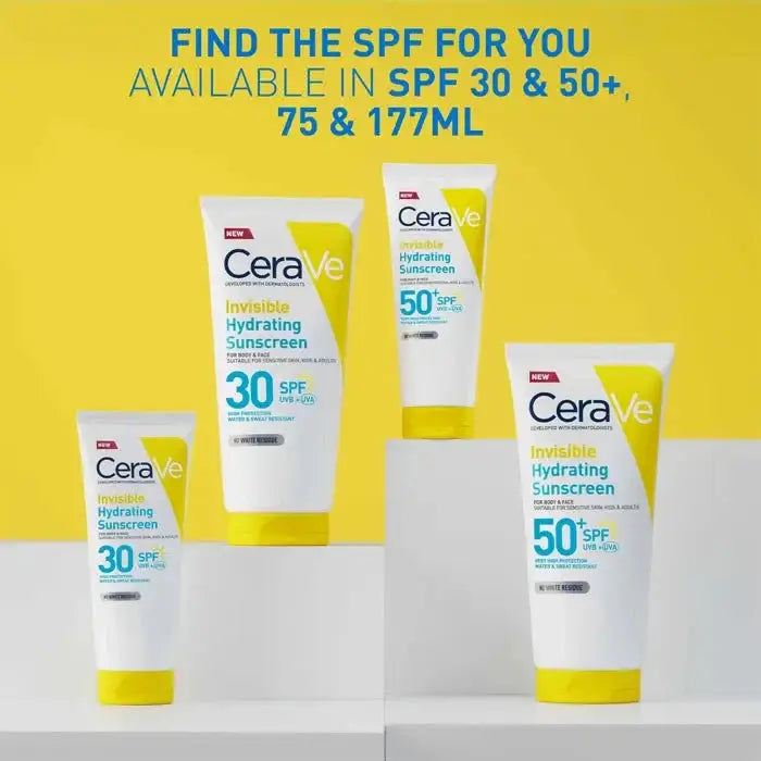 CeraVe sunscreen products with SPF 30, 50, and 75 on a yellow background