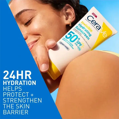 Person applying CeraVe sunscreen to their shoulder with a blue background