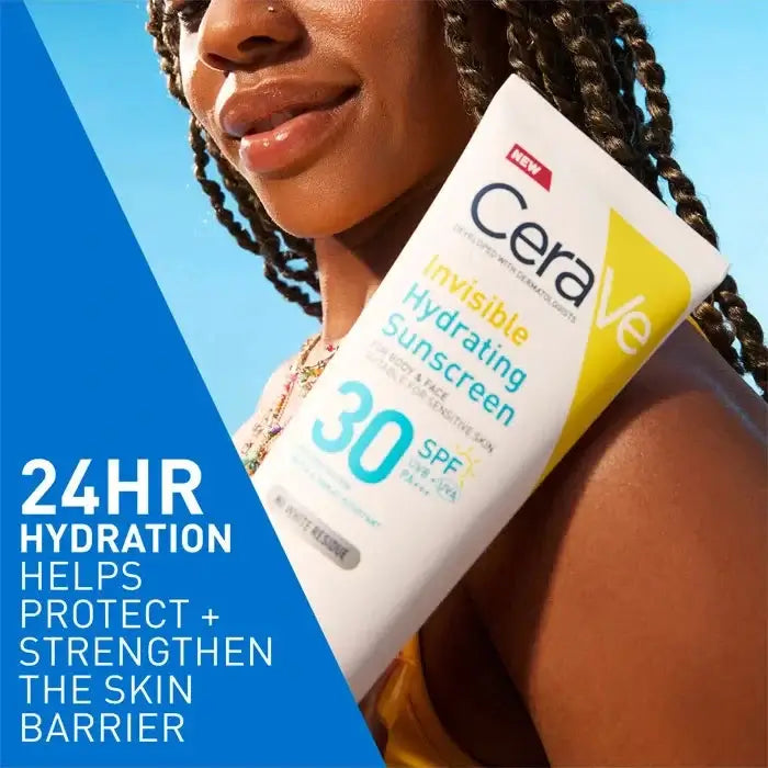 CeraVe sunscreen tube held by a person with a blue gradient background