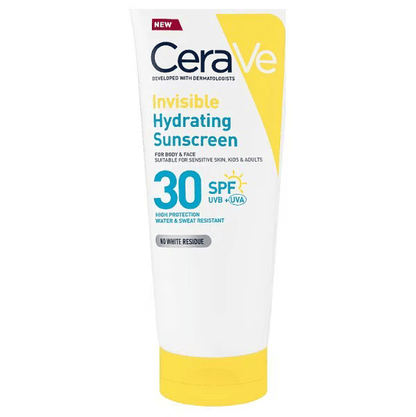 CeraVe Invisible Hydrating Sunscreen tube with SPF 30 on a white background