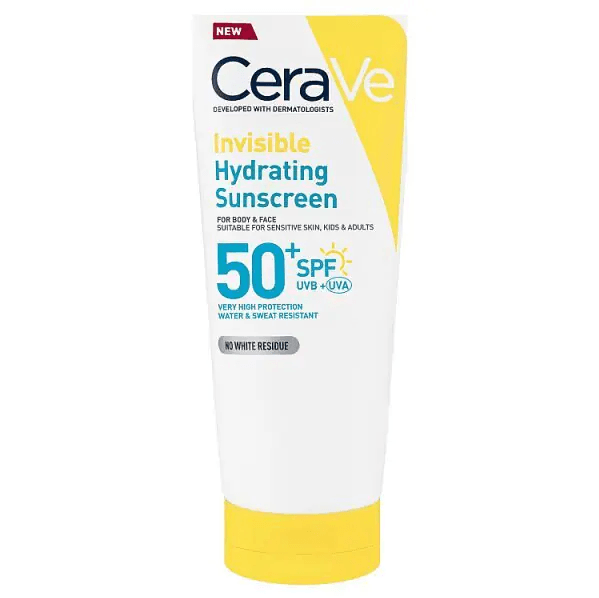 CeraVe Invisible Hydrating Sunscreen tube on a white background