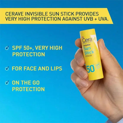 CeraVe Invisible Sun Stick with text on a blue background