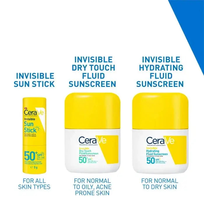CeraVe sunscreen products including a sun stick, dry touch fluid, and hydrating fluid on a white background.