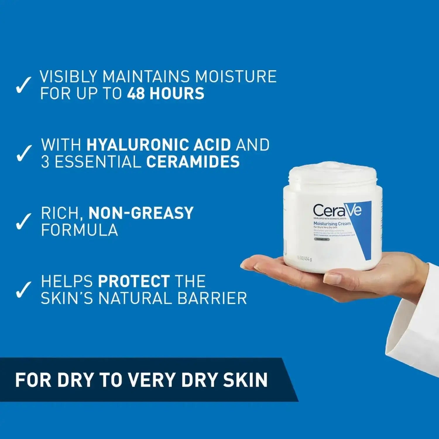 CeraVe Moisturising Cream Pot highlighting hydration, ceramides, and moisture retention for dry skin.