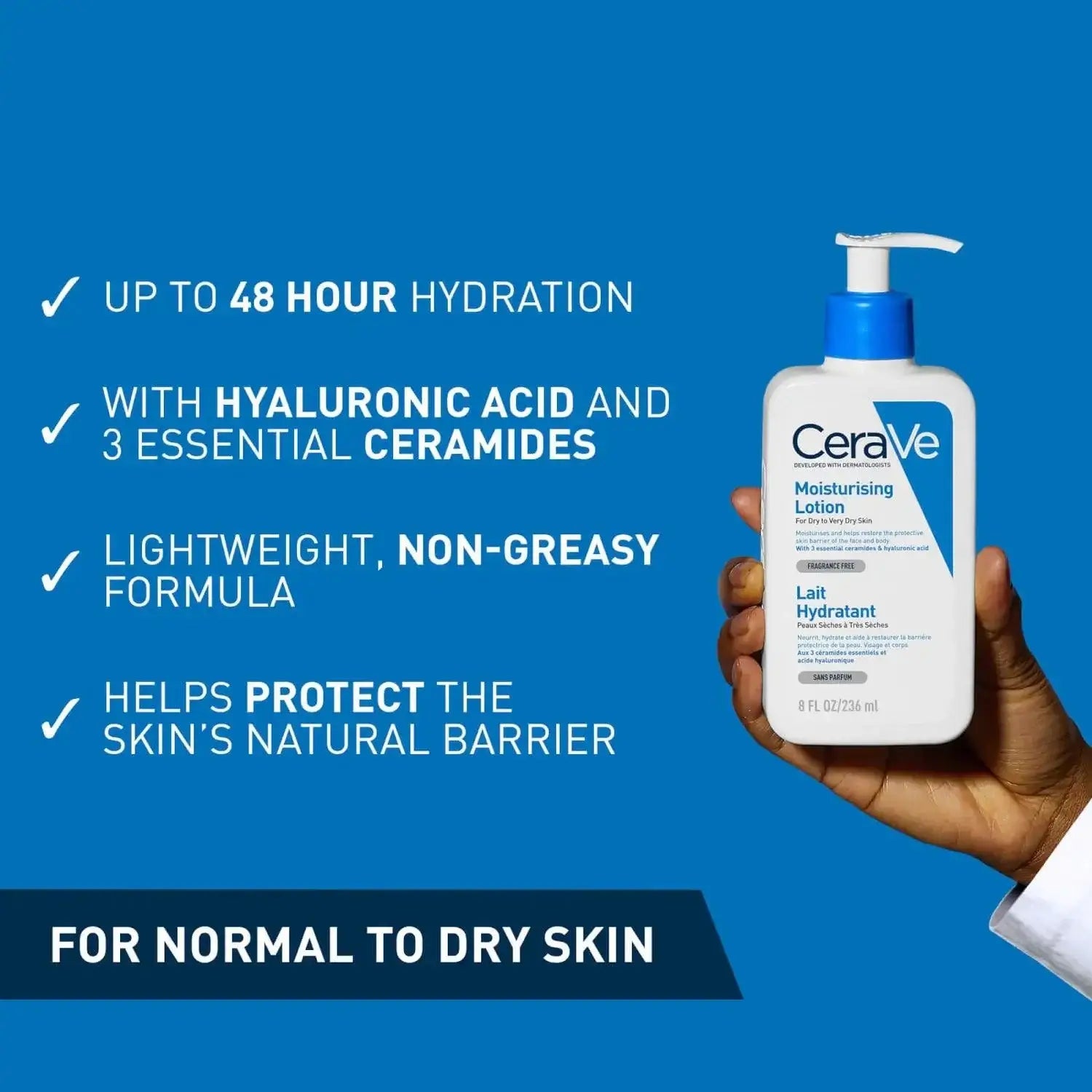 CeraVe Moisturising Lotion for normal to dry skin with hyaluronic acid and ceramides, offering 48-hour hydration.