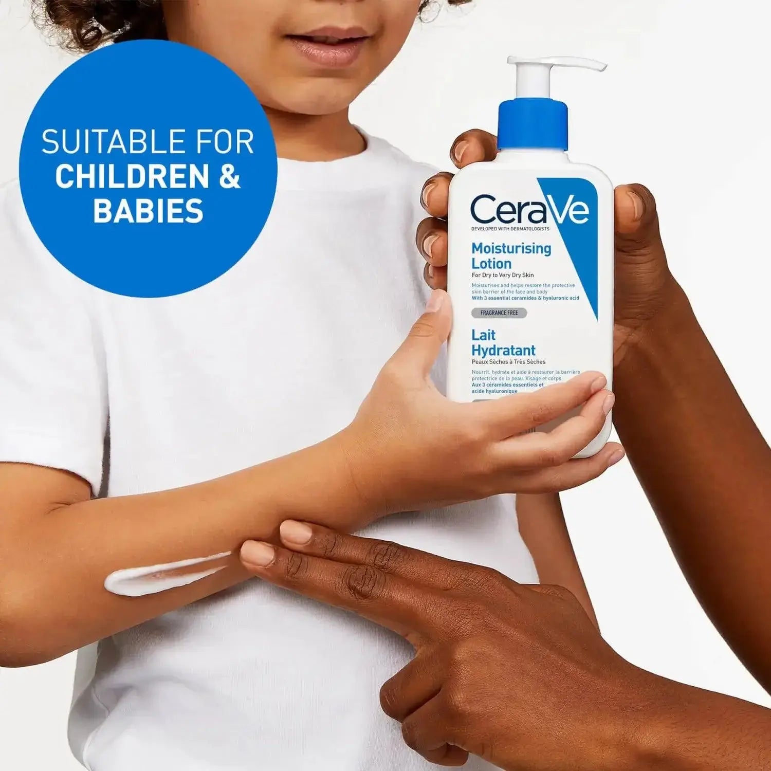 CeraVe Moisturising Lotion applied to child's arm, suitable for children and babies, 236ml.