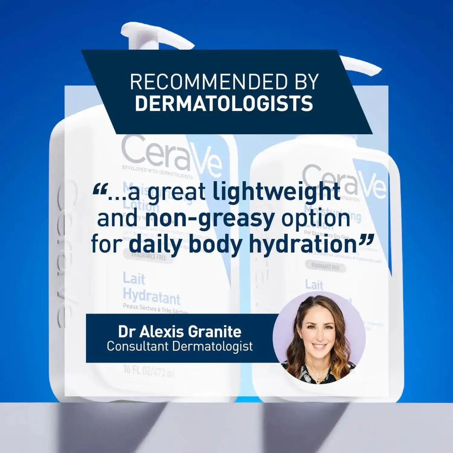 CeraVe Moisturising Lotion recommended by dermatologists for lightweight hydration, featuring a quote from Dr. Alexis Granite.