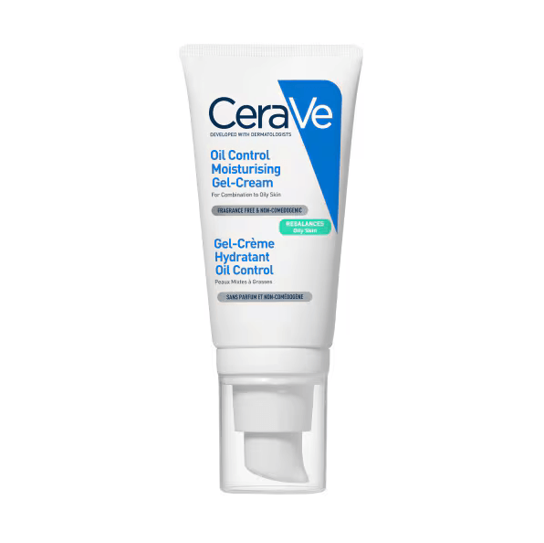 CeraVe Oil Control Moisturising Gel-Cream in a white squeeze tube with blue and green accents, shown on a plain white background.